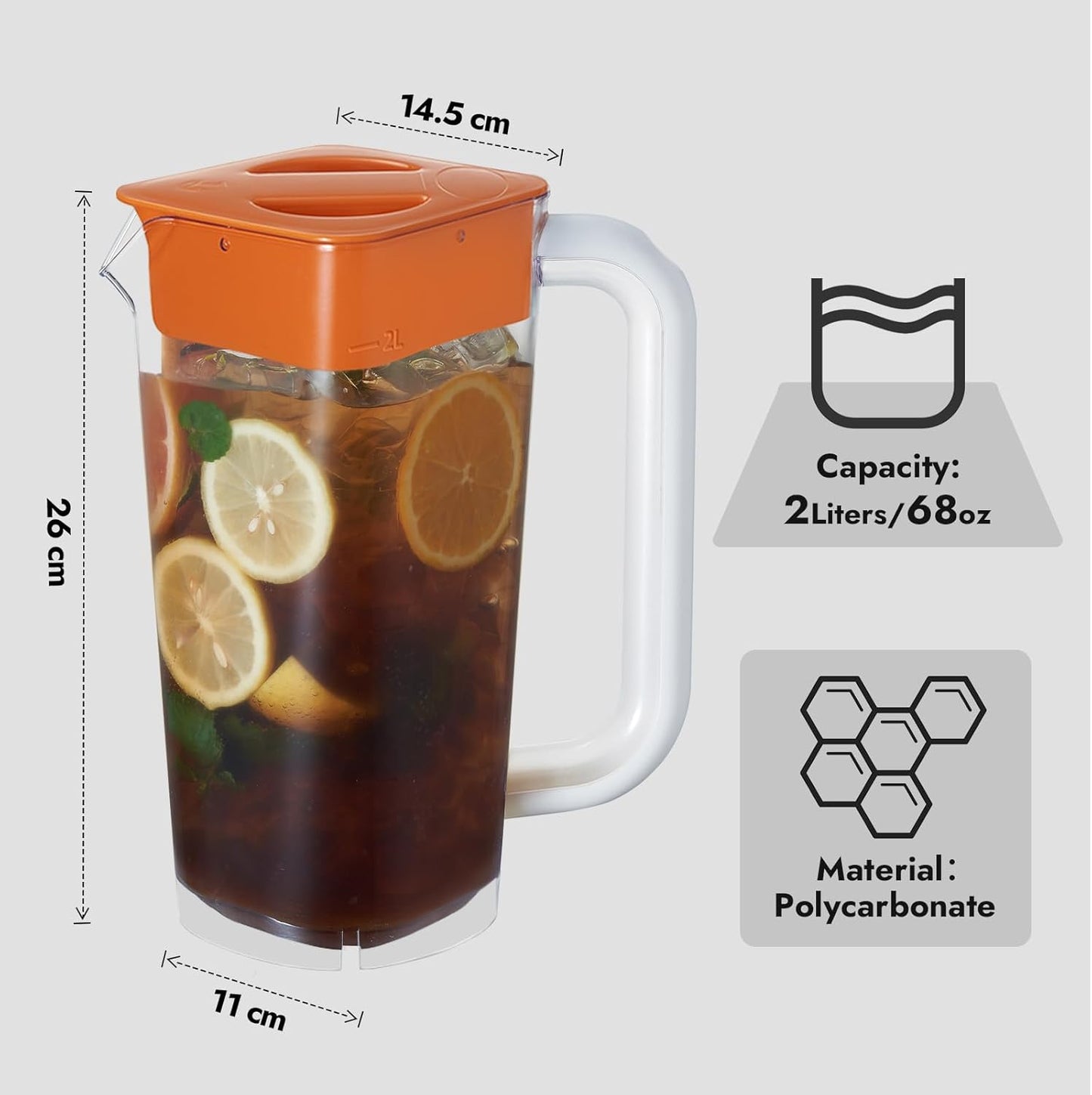 CURTA 1 Pack 2 Liters/68 oz Plastic Square Pitcher with Lid & Handle for Kitchen,ICED JUICE and Coffee Carafe Beverage Serveware, Acrylic Water Jug for Hot/Cold Drinks&lemonade