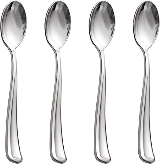 WDF 100 Pack Silver Plastic Spoons Disposable - 6.9 Inch Silver Spoons Heavy Duty Plastic Spoons, Modern Silver Disposable Spoons Perfect for Parties, Weddings