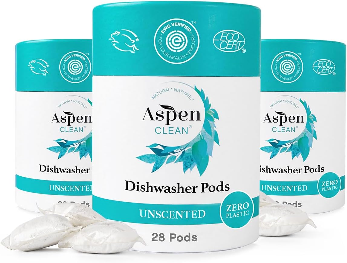 Unscented Dishwasher Pods by AspenClean, Dye-Free, Zero Plastic, Vegan, Eco-Friendly, Natural Dishwasher Detergent, EWG Verified™ - 28 Count (3 Pack)