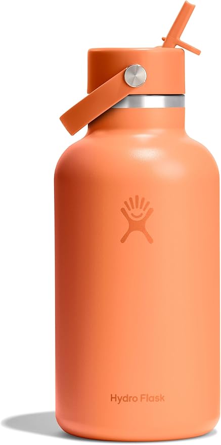 Hydro Flask Water Bottle - Insulated Stainless Steel - Wide Mouth Flex Straw Lid, Non Spill, Leakproof and Refillable in 64 Oz Nectar Orange