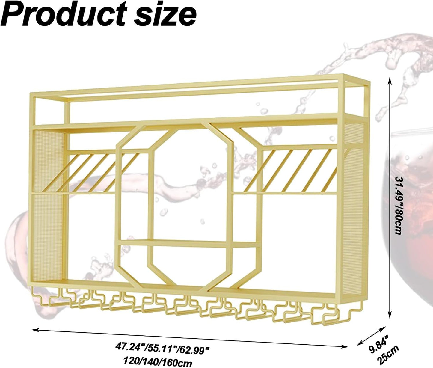 Wall Mounted Wine Rack, 3-Tiers Metal Bar Bottle Holder, Modern Wine Glass Storage Display Shelves, Wall Wine Rack for Kitchen Bar Dining Rooms Decoration ﻿ (Gold, 63in/160cm)