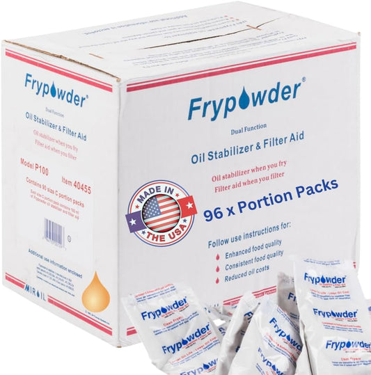 MirOil P100 Fry Powder Oil Stabilizer and Filter Aid, 90 x Size C Portion Pack(160ML Each) Fry Powder, Food Centers Cook Hotter, Deep Fryer Cooking Oil Saver Helps Save Grease & Remove Carbon Deposits
