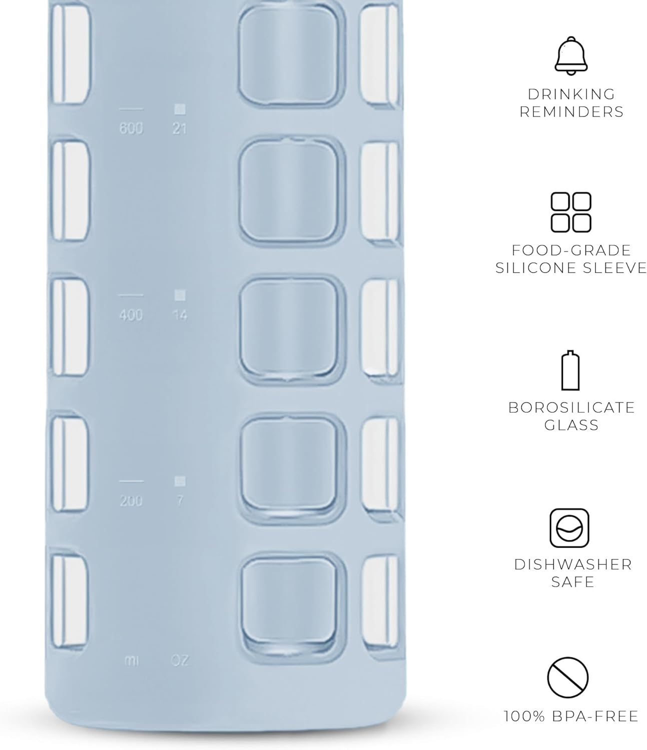 purifyou 40oz / 32oz / 22oz / 12oz Borosilicate Glass Water Bottle with Time & Volume Markers, Silicone Sleeve, Stainless Steel Lid – Reusable Glass Bottle for Water & Juice (32oz Ice Blue)