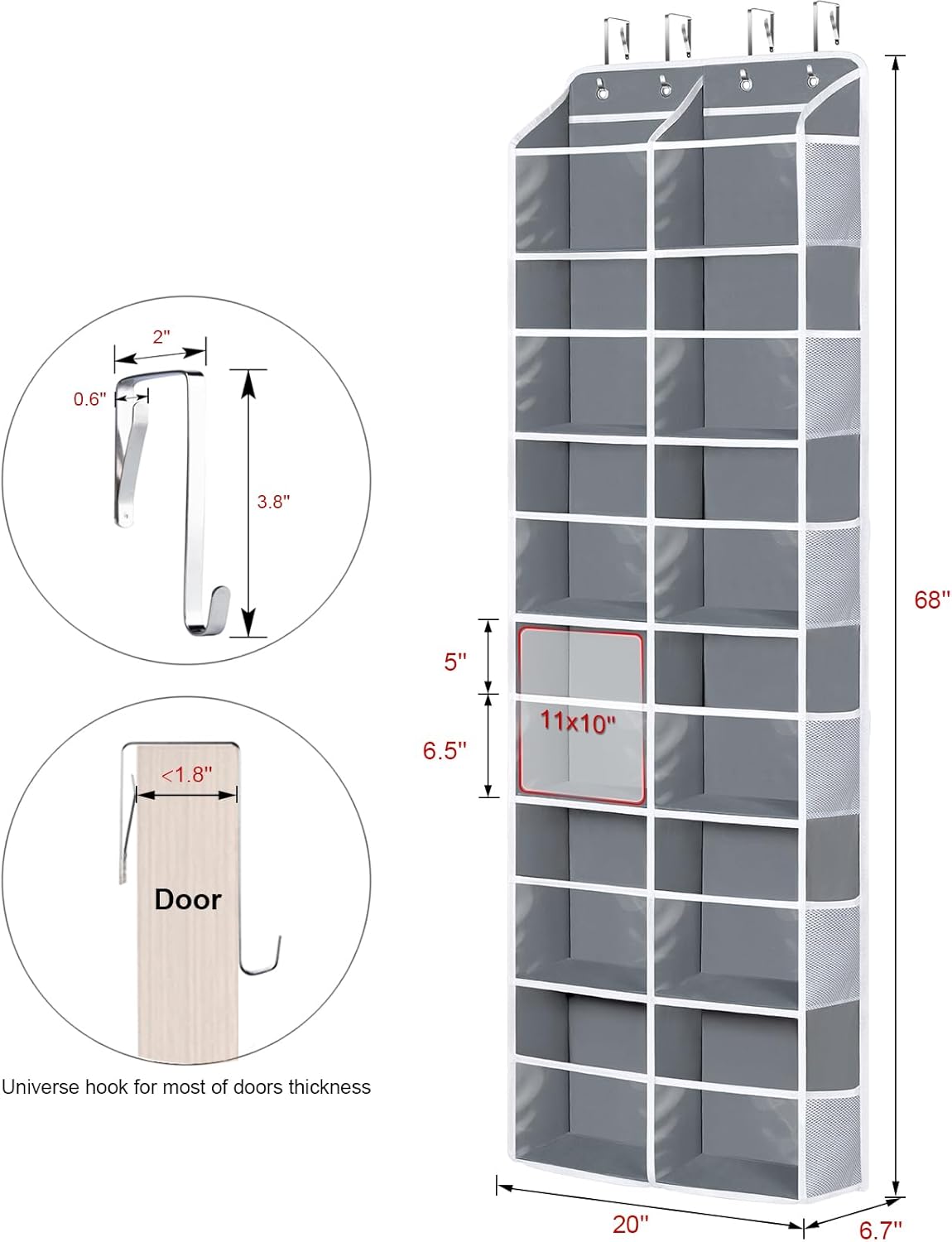 Univivi Over the Door Organizer, 6 Tiers Behind Door Storage with Clear Deep Pockets Hanging Organizer for Closet, Bedroom, Nursery, Bathroom and Sundries (Grey)