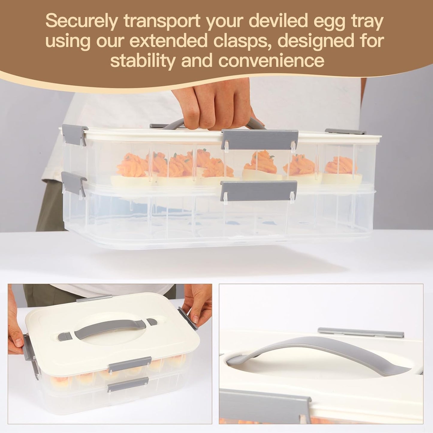 2-Layer Deviled Egg Containers With Lid,36pcs Deviled Egg Tray Carrier with Handl Injector Piping Tool,Portable Stackable Egg Holder Platter Holder Organizer for Refrigerator Party Picnic Travel Event