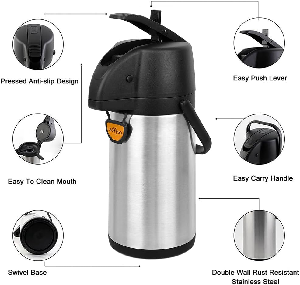 Airpot Coffee Dispenser Thermal with Pump,2.2L/74 Oz Insulated Stainless Steel Large Airpot Coffee Carafe Lever Action for Hot/Cold Water,Thermal Carafes for Hot Cocoa for Parties