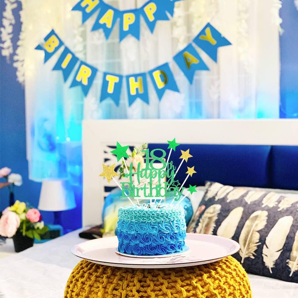 Glittery 18th Happy Birthday Cake Topper with Star,Personalised 18 Birthday Cake Toppers Party Decorations Party Supplies for Boys Girls Green Gold