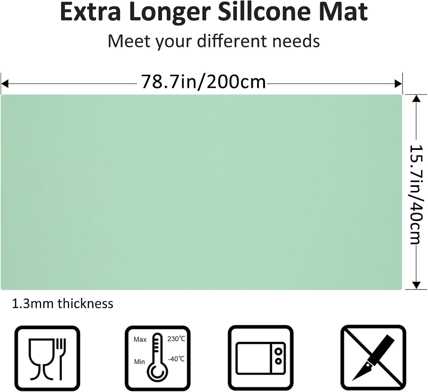 Silicone Mats for Kitchen Counter, Nonslip Silicone Mats for Crafts Countertop Protector Heat Resistant Mat (Light Green, 78.7"L x 15.7"W)