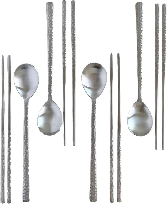 Korean Made Silver Glossy Hammered Stainless Steel Korean Spoon & Chopstick SET Gift for Mom (4SET)