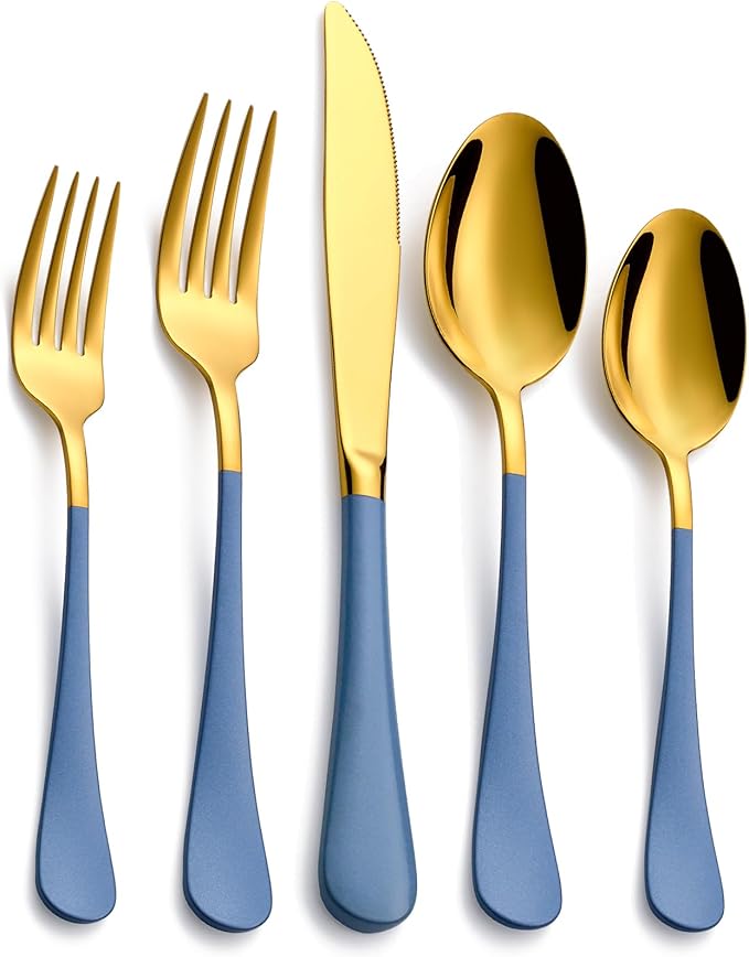 20-Piece Grey blue & Gold Silverware Set, 18/0 Stainless Steel Colorful Handle Flatware Set,Service for 4,Modern Cutlery Set Includes Dinner Knives Forks Spoons,Mirror Polished,Dishwasher Safe