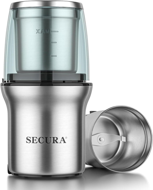 Secura Electric Coffee Grinder and Spice Grinder with 1 Stainless Steel Blades Removable Bowl, Dry Grinding