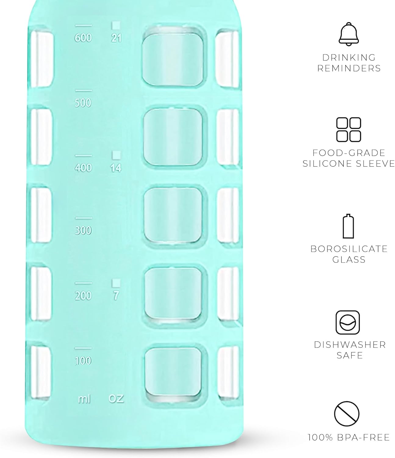 purifyou 40oz / 32oz / 22oz / 12oz Borosilicate Glass Water Bottle with Time & Volume Markers, Silicone Sleeve, Stainless Steel Lid – Reusable Glass Bottle for Water & Juice (22oz Glow-in-the-Dark)