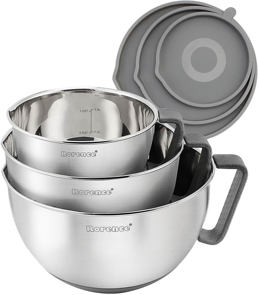 Rorence Mixing Bowls Set: Stainless Steel Non-Slip Bowls with Pour Spout, Handle and Lid - Set of 3 - Gray