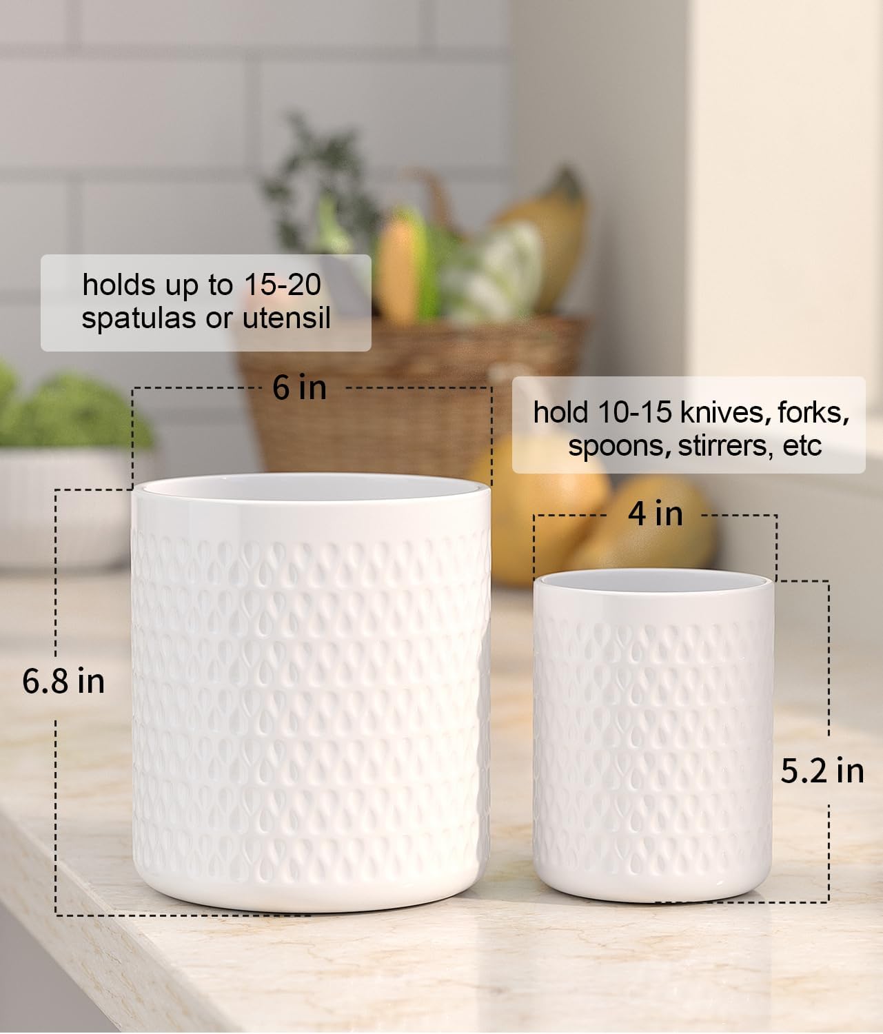 2 Pack Ceramic Utensil Caddy, Large Spatula Holder, Farmhouse Kitchen Decor for Silverware Spoon Crocks