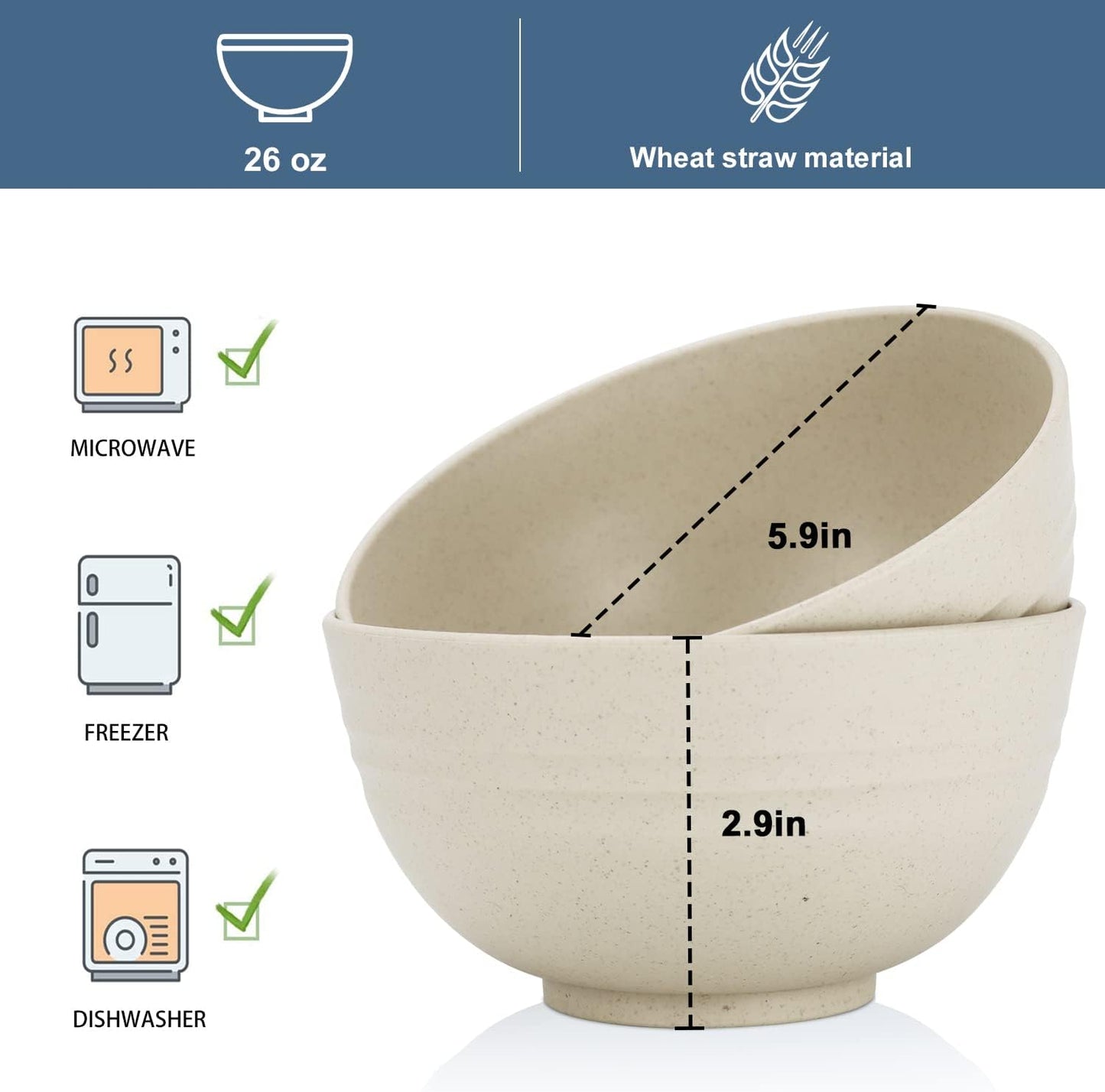 Wheat Straw Bowl Sets,8 PCS Unbreakable Cereal Bowls 26 OZ,Microwave and Dishwasher Safe Bowls, Kitchen Bowl suitable for cereal,salad,snack and soup (Beige)