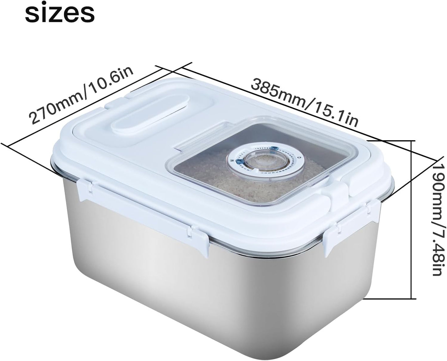 Saim Rice Storage Container Bin, 20lb Stainless Steel Food Storage Containers with Silicone Lid, Measuring Cup, Spoon, Rice Dispenser for Flour, Sugar,and Baking Supplies
