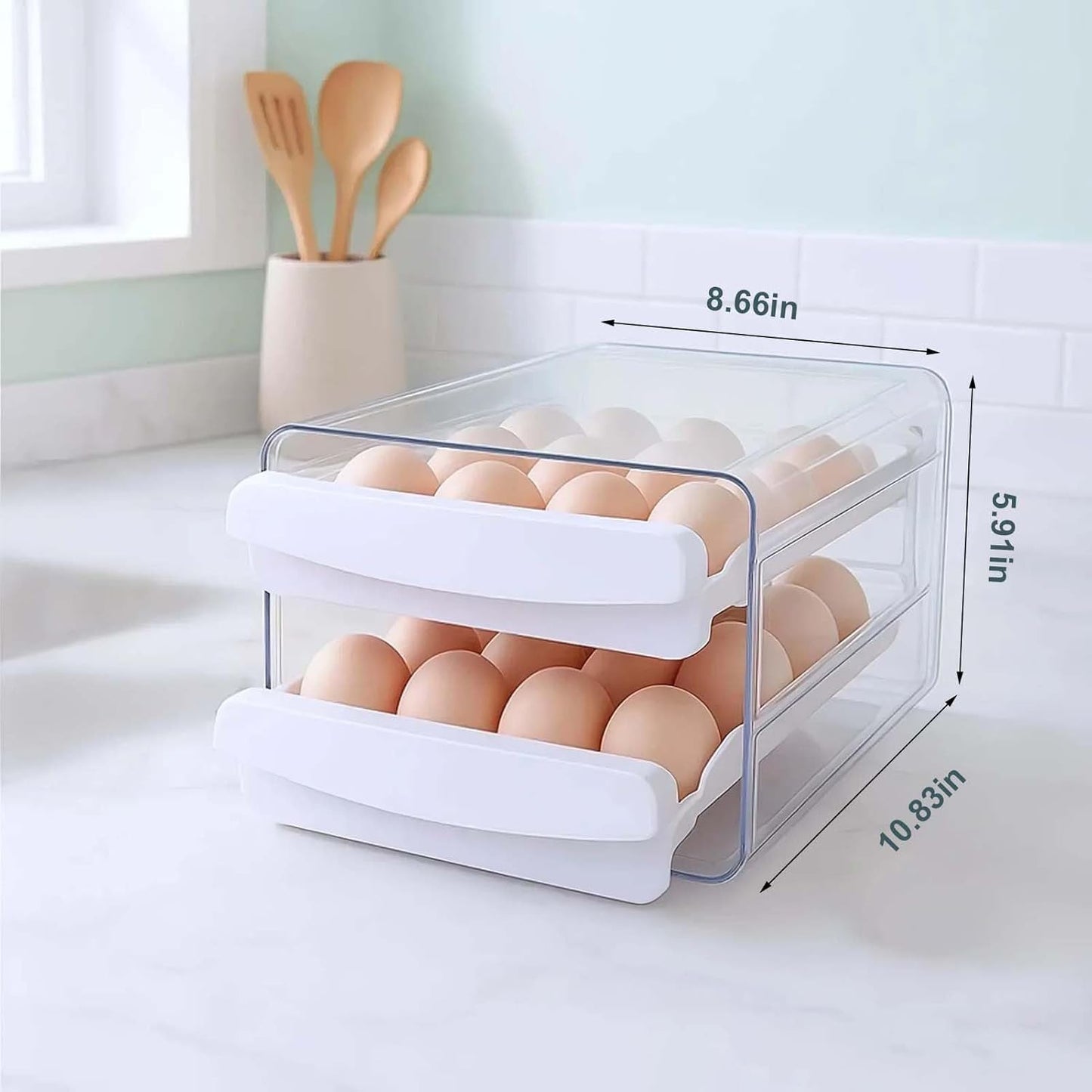 Egg Holder for Fridge, 2-Tier Stackable 40 Eggs Organizer Drawer for Refrigerator, Space-Saving Egg Container, Clear Plastic Egg Tray for Kitchen Storage