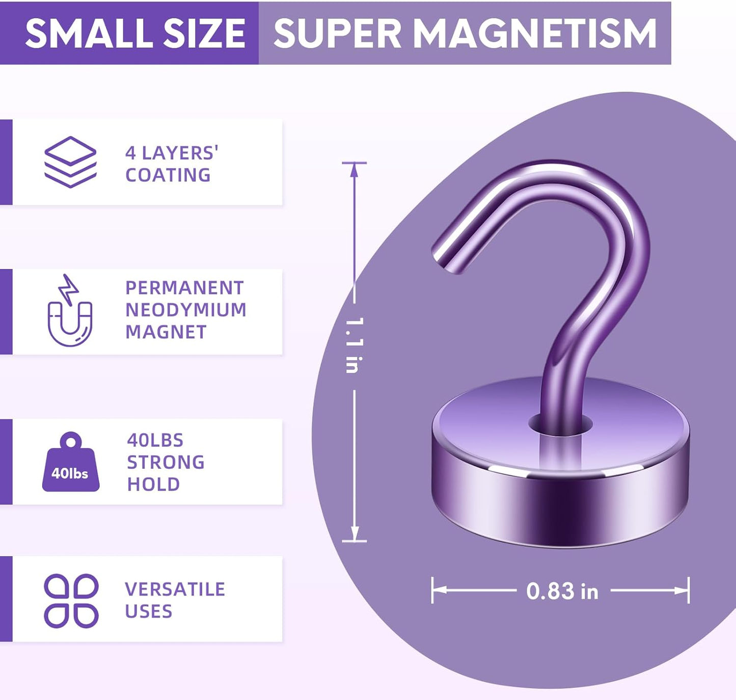 Neosmuk Magnetic Hooks, Cruise Ship Essentials, 40lb+ Heavy Duty Magnetic Hooks for Cruise Cabins, Refrigerator, Grill, Hanging, and Travel | Extra Strong Must-Haves Magnet Hook,Purple,Pack of 10