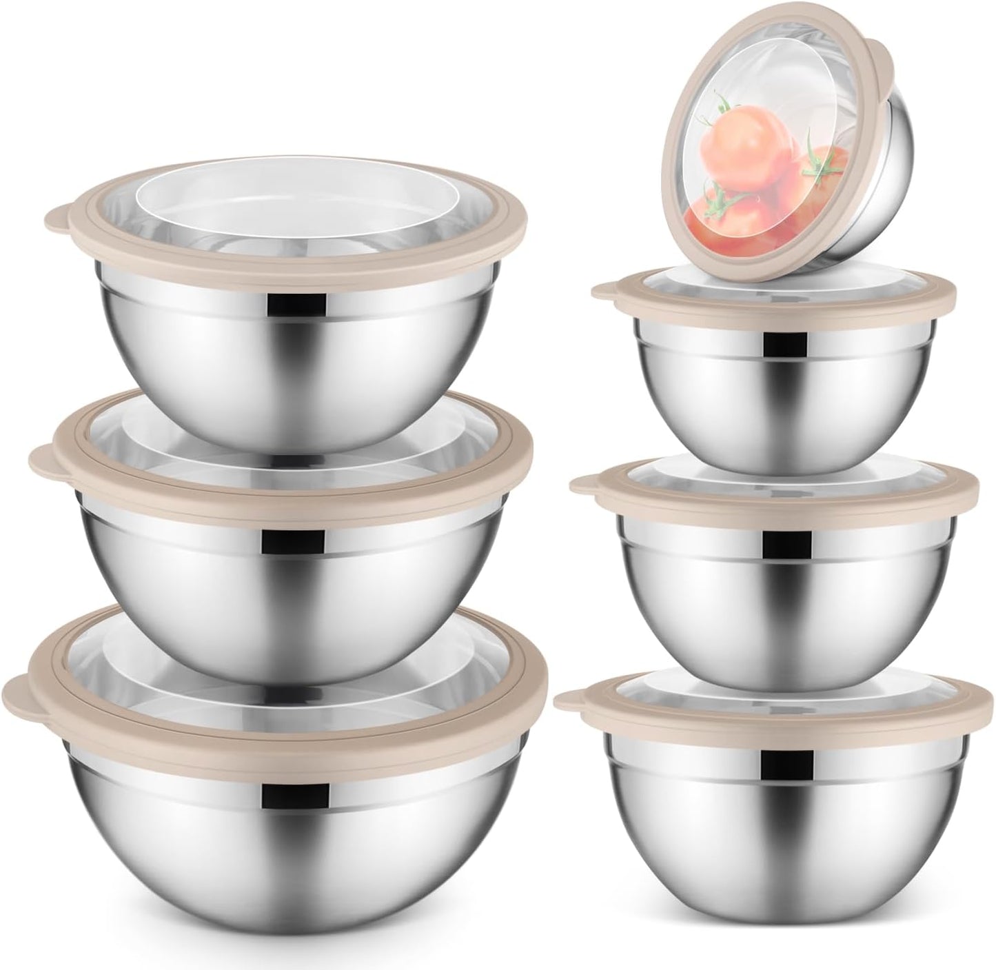 E-far Stainless Steel Mixing Bowls with Airtight Clear Lids Set of 7, Metal Nesting Bowls for Kitchen Prep, Baking, Cooking, Serving, Salad, Dishwasher Safe, Size 4.6, 3.5, 3, 2, 1.5, 1, 0.7QT, Khaki