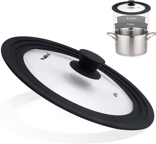 Universal Lid for Pots, Pans and Skillets & Frying Pan - Small Pan lids Fits 6.5", 7" and 8" Diameter Cookware - Tempered Glass with Heat Resistant Silicone Rim