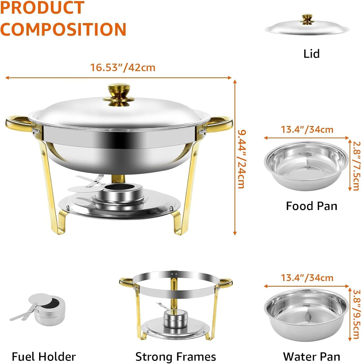 Gold & Silver Chafing Dishes for Buffet with Lid 5QT, 2 Pack - Food-Grade Stainless Steel Chafers and Buffet Warmers Sets with Lid Holder, Rolled Edge Design, for Party, Banquet