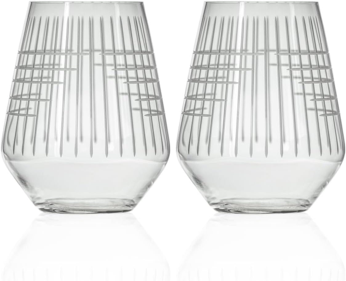 Rolf Glass Matchstick Stemless Wine Tumbler 18 ounce - Stemless Wine Glasses Set of 2 – Lead-Free Crystal Glass - Etched Tumbler Glasses - Made in the USA