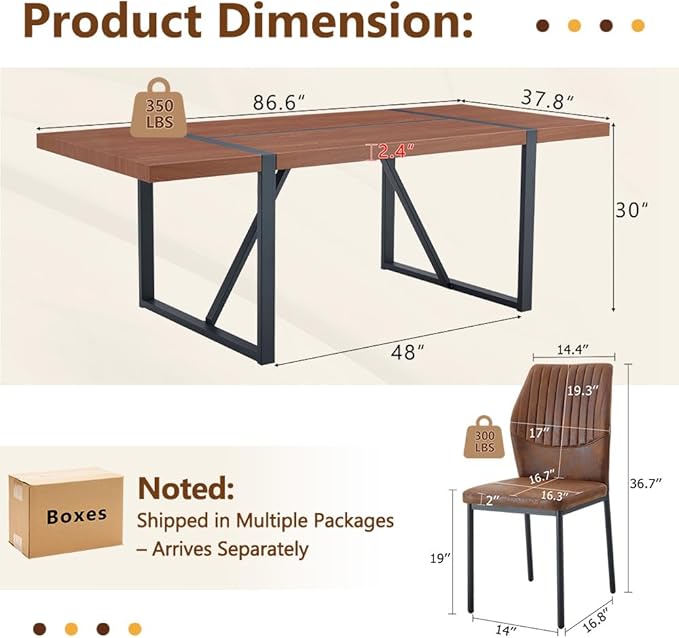 86.6" Dining Table Set for 6, Modern 7 Piece Wood Kitchen Table and Chairs Set, Rectangle Dining Room Table with 6 PU Leather Upholstered Chairs, Ideal for Apartment, Kitchen, Dining Room