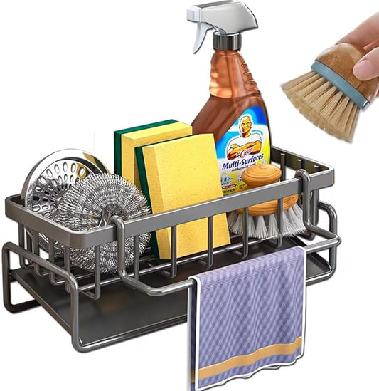 CIT ZCFY Kitchen Sink Caddy Organizers - Stainless Steel Sink Caddy with 30 Tilt Self-Drainage, Dish Brush Holder & Removable Dishcloth Rack - Gray
