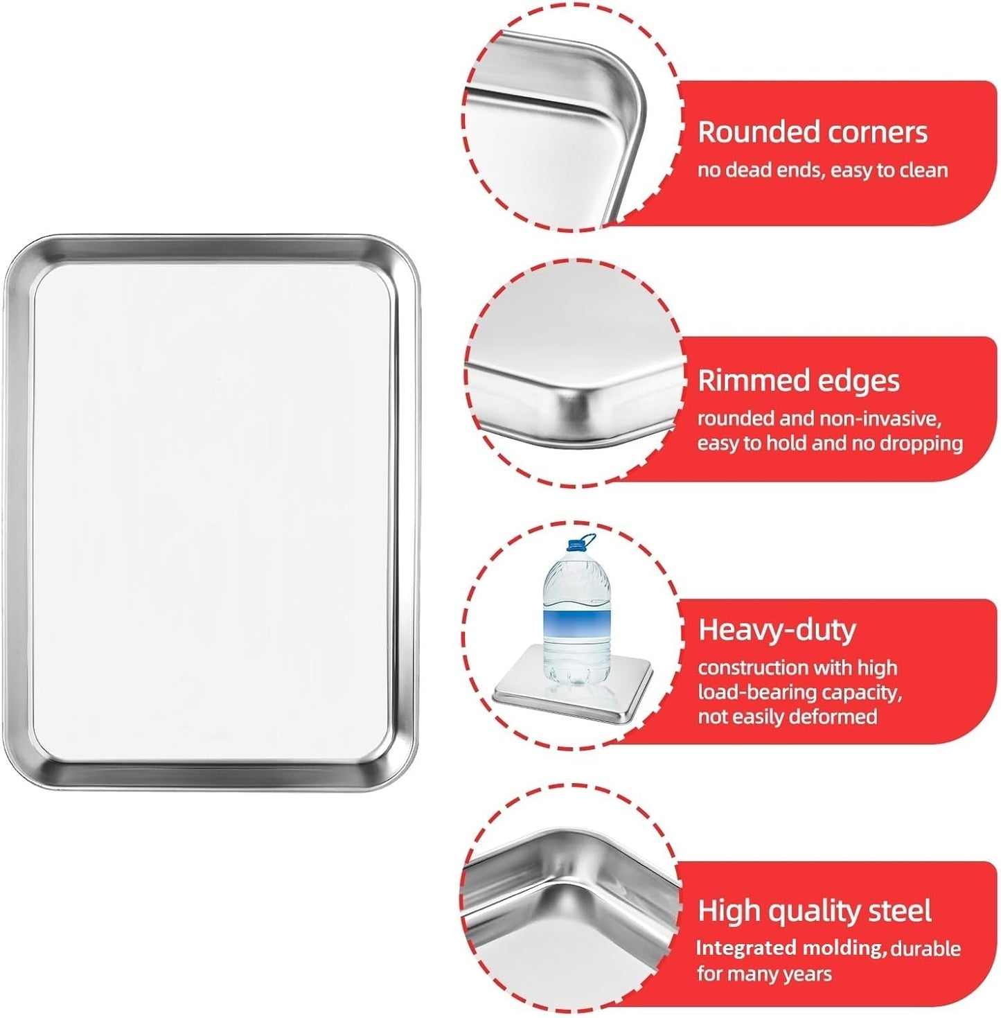 Cookie Sheets for Baking, Stainless Steel Baking Sheet Baking Pan Tray - 12.4 x 10 x 1 Inch, Non Toxic & Healthy, Mirror Finish & Easy Clean, Dishwasher Safe & Heavy Duty