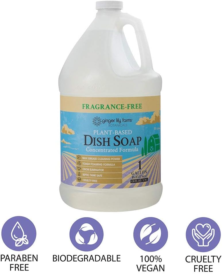 Ginger Lily Farms Botanicals Plant-Based Liquid Dish Soap, Concentrated Formula with Max Grease Cleaning Power, Cruelty-Free, Fragrance-Free, 1 Gallon Refill (128 Fl. Oz.), Clear