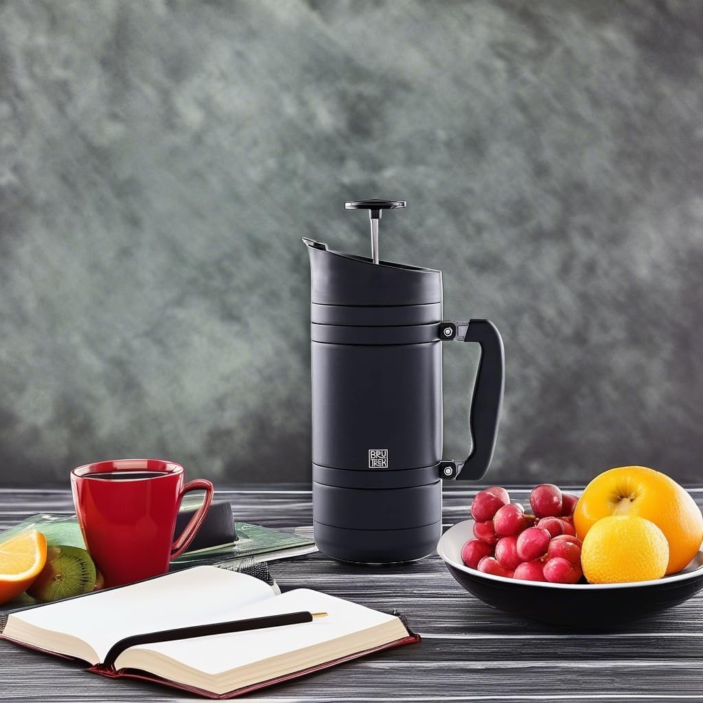 BaseCamp Coffee Press - Double Wall Insulated Stainless Steel - Bru-Stop Technology, No Grounds in Coffee, No Spill Lid (Obsidian, 48 fl.oz)