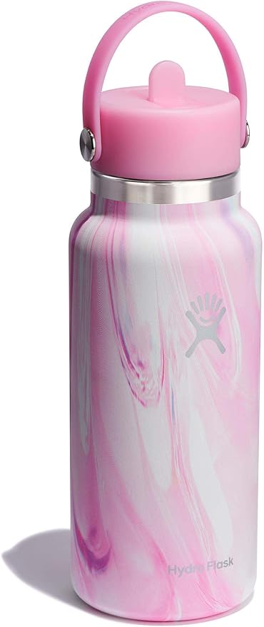 Hydro Flask Water Bottle - Insulated Stainless Steel - Wide Mouth Flex Straw Lid, Non Spill, Leakproof and Refillable in 32 Oz Jelly Pink