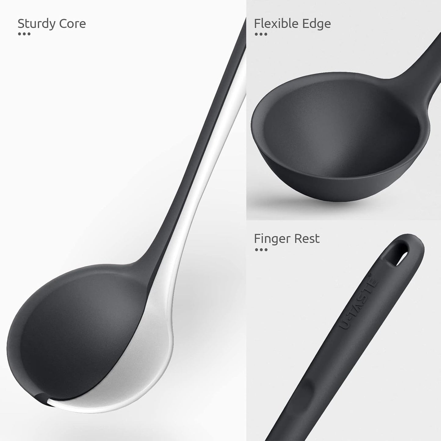 13 inch Silicone Soup Ladle: U-Taste 600ºF Heat Resistant 4 oz Large Non-stick Seamless Rubber Kitchen Deep Serving Spoon with Non Slip Solid Long Handle for Cooking Sauce/Stews/Gravies/Chili(Black)