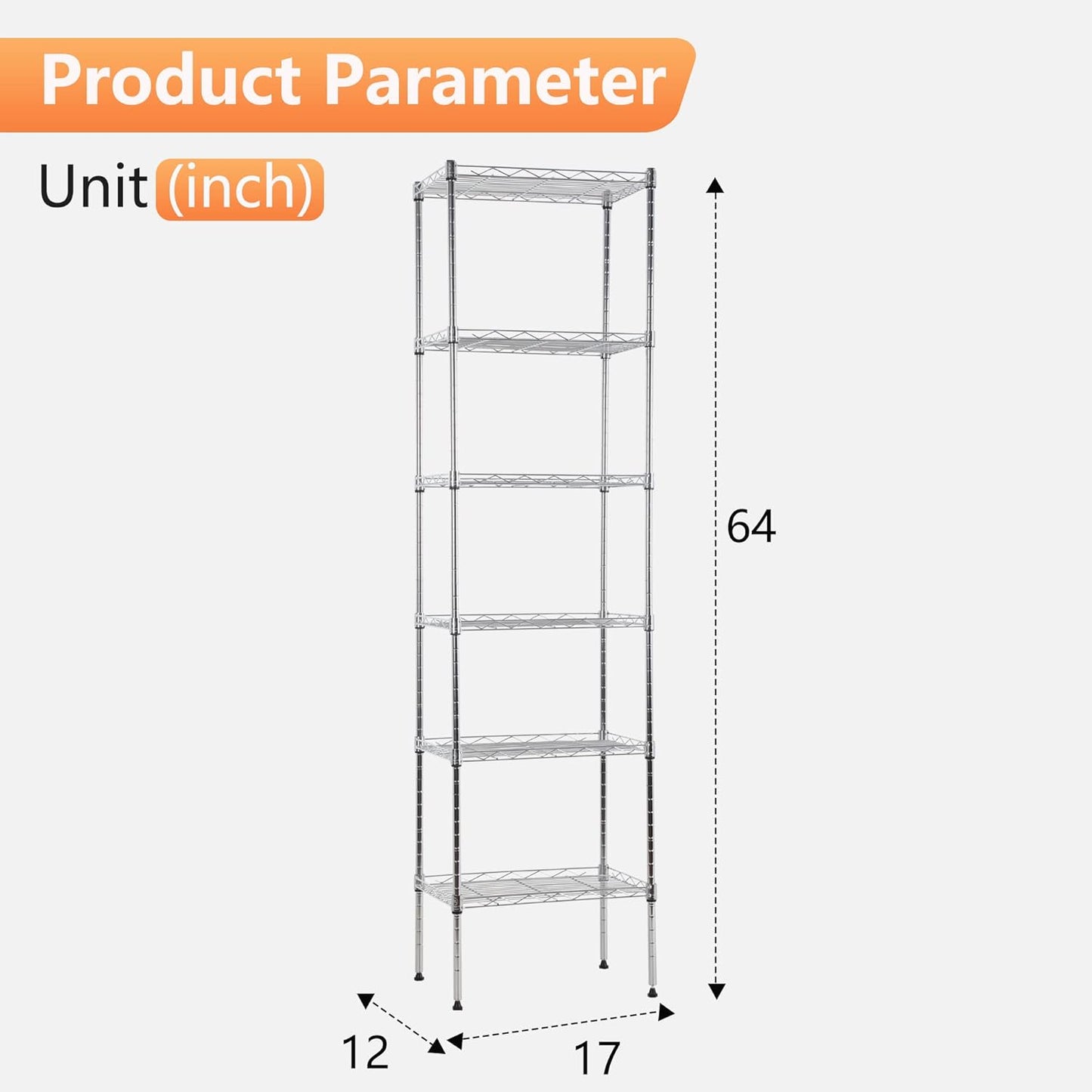 FDW 6 Tier Wire Shelving 17L x 12W x 64H Pantry Shelves Storage Rack Shelving Units Adjustable Metal Shelves for Kitchen Commercial Garage Small Places,Chrome