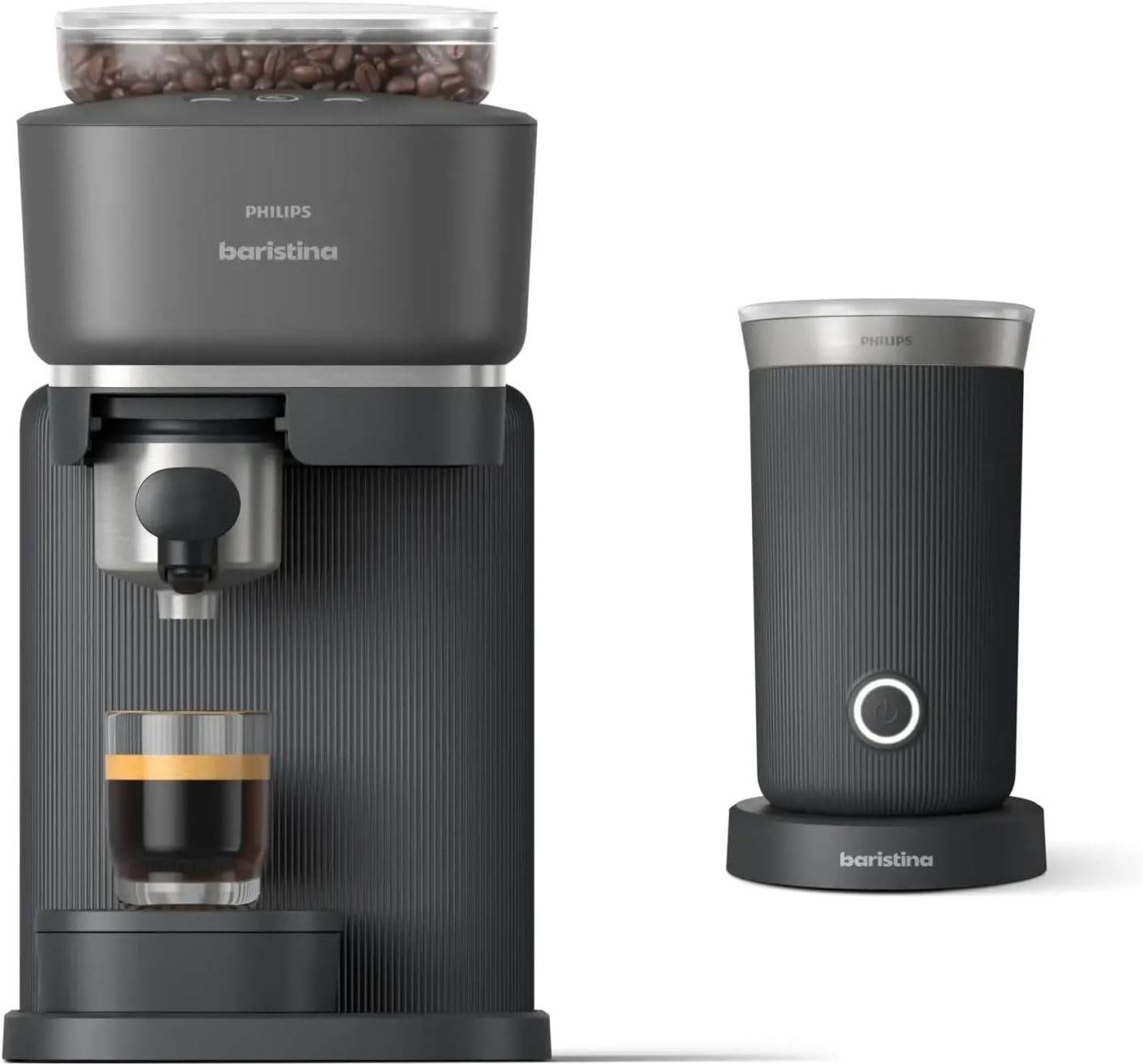 Philips Baristina Espresso Machine+Milk Frother Bundle. Real espresso. Compact coffee machine, portafilter, grinder, Cafe Crema. Dairy & Non-Dairy Milk foam. Hot & Cold. Easy Clean. Black (BAR303/60)