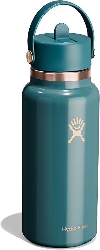 HYDRO FLASK Water Bottle - Insulated Stainless Steel - Wide Mouth Flex Straw Lid, Non Spill, Leakproof and Refillable in 32 Oz Sea Rose Gold
