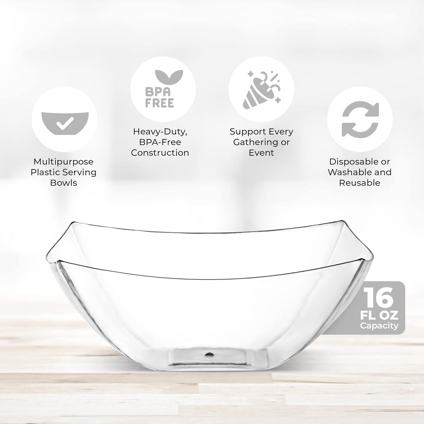 Posh Setting Clear Plastic Serving Bowls Disposable - Square Bowls - Square Candy Bowl - Plastic Snacks & Chip Bowls for Parties - Black, Gold & Clear, White Serving Dishes, 16 OZ, 4 Pack