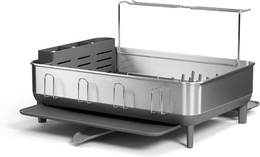 simplehuman Large Capacity Dish Drying Rack with Stainless Steel Frame, 360º Easy Drain Swivel Spout, Utensil & Wine Glass Holder, Anti-Residue Coating, Moisture Control Surface, Grey