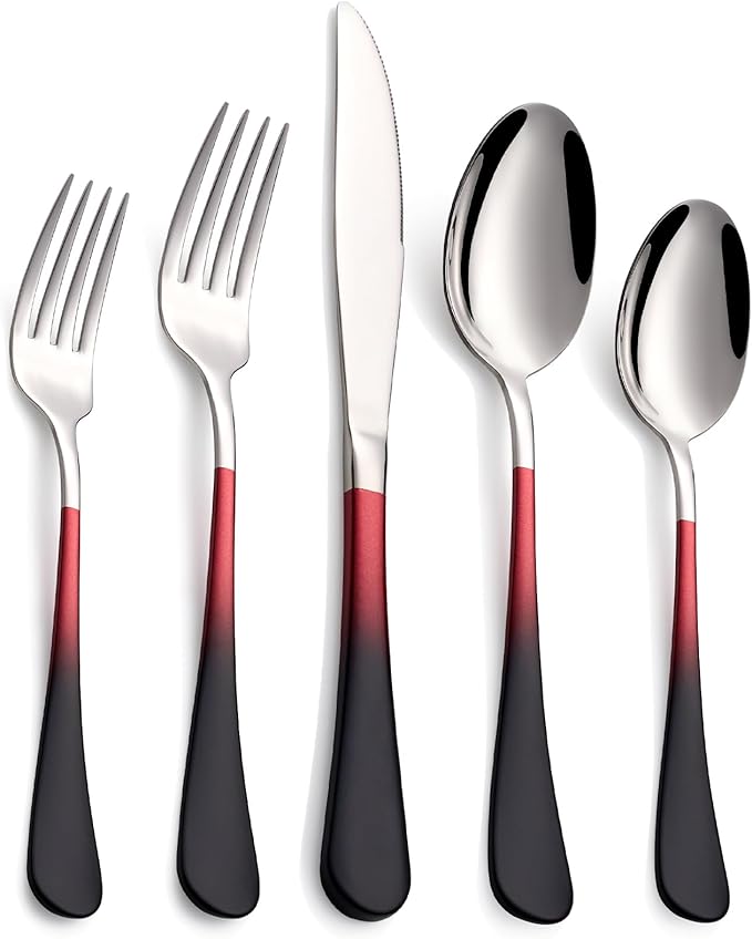20-Piece Black Red Silverware Set, 18/0 Stainless Steel Colorful Handle Flatware Set,Service for 4,Modern Cutlery Set Includes Dinner Knives Forks Spoons,Mirror Polished,Dishwasher Safe