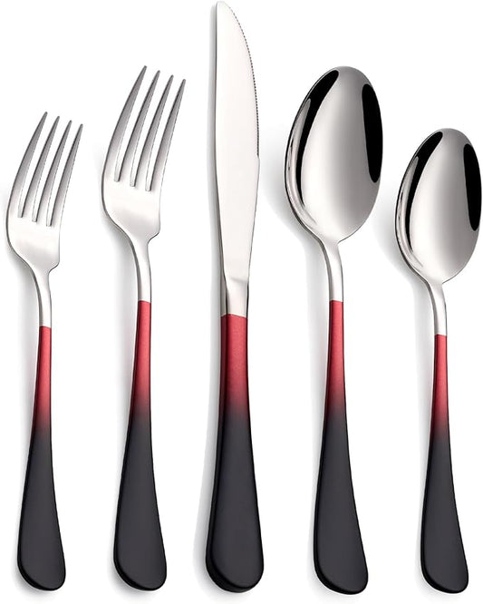 20-Piece Black Red Silverware Set, 18/0 Stainless Steel Colorful Handle Flatware Set,Service for 4,Modern Cutlery Set Includes Dinner Knives Forks Spoons,Mirror Polished,Dishwasher Safe