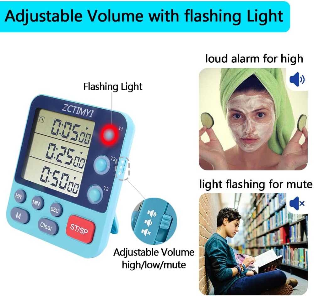 Dual Digital Timer for Kitchen Cooking, 3 Channels Count Down/Up Triple Timer for Kids, Presets Memort Large Display & Magnetic Back Adjustable Alarm Volume, Suit for Kids Teachers Studying, Blue