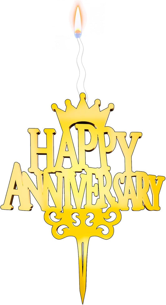 Happy Anniversary Reusable Gold Romantic Cake Candle - Luxury Cake Topper Candle for Birthdays, Weddings & Anniversaries - Reusable Food Safe Acrylic, Shiny Mirror Finish - Birthday Cake Topper