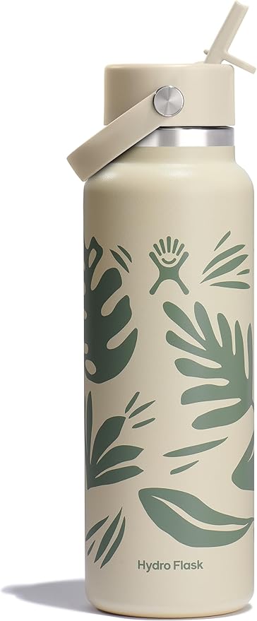 Hydro Flask Water Bottle - Insulated Stainless Steel - Wide Mouth Flex Straw Lid, Non Spill, Leakproof and Refillable in 40 Oz Botanical Bliss Coconut