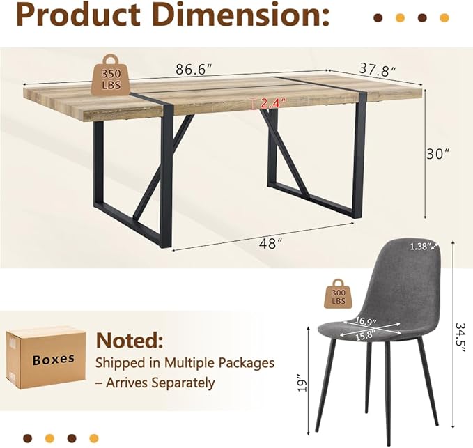 86.6" Dining Table Set for 6, Modern 7 Piece Wood Kitchen Table and Chairs Set, Rectangle Dining Room Table with 6 Linen Fabric Upholstered Chairs, Ideal for Apartment, Kitchen, Dining Room