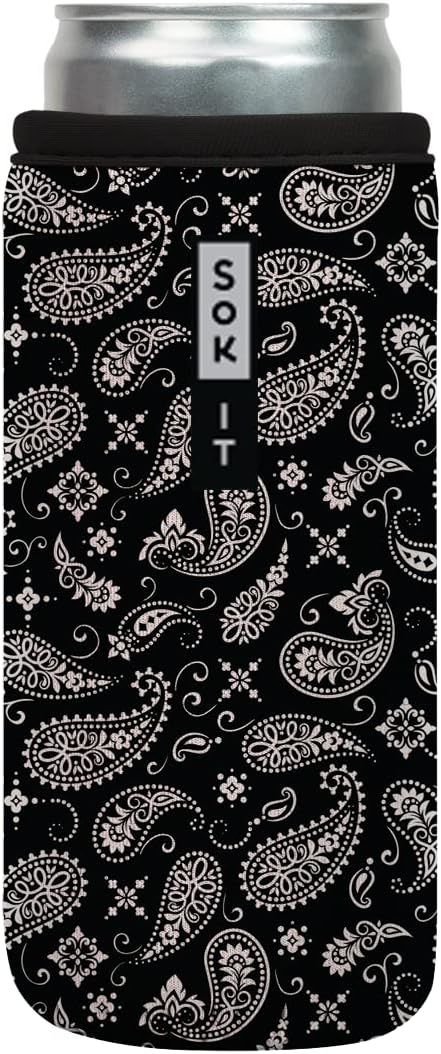 Sok It CanSok Sleeve for Beer & Soda Insulated Neoprene Cover (Black Bandana, 12oz Slim Can Sleeve)