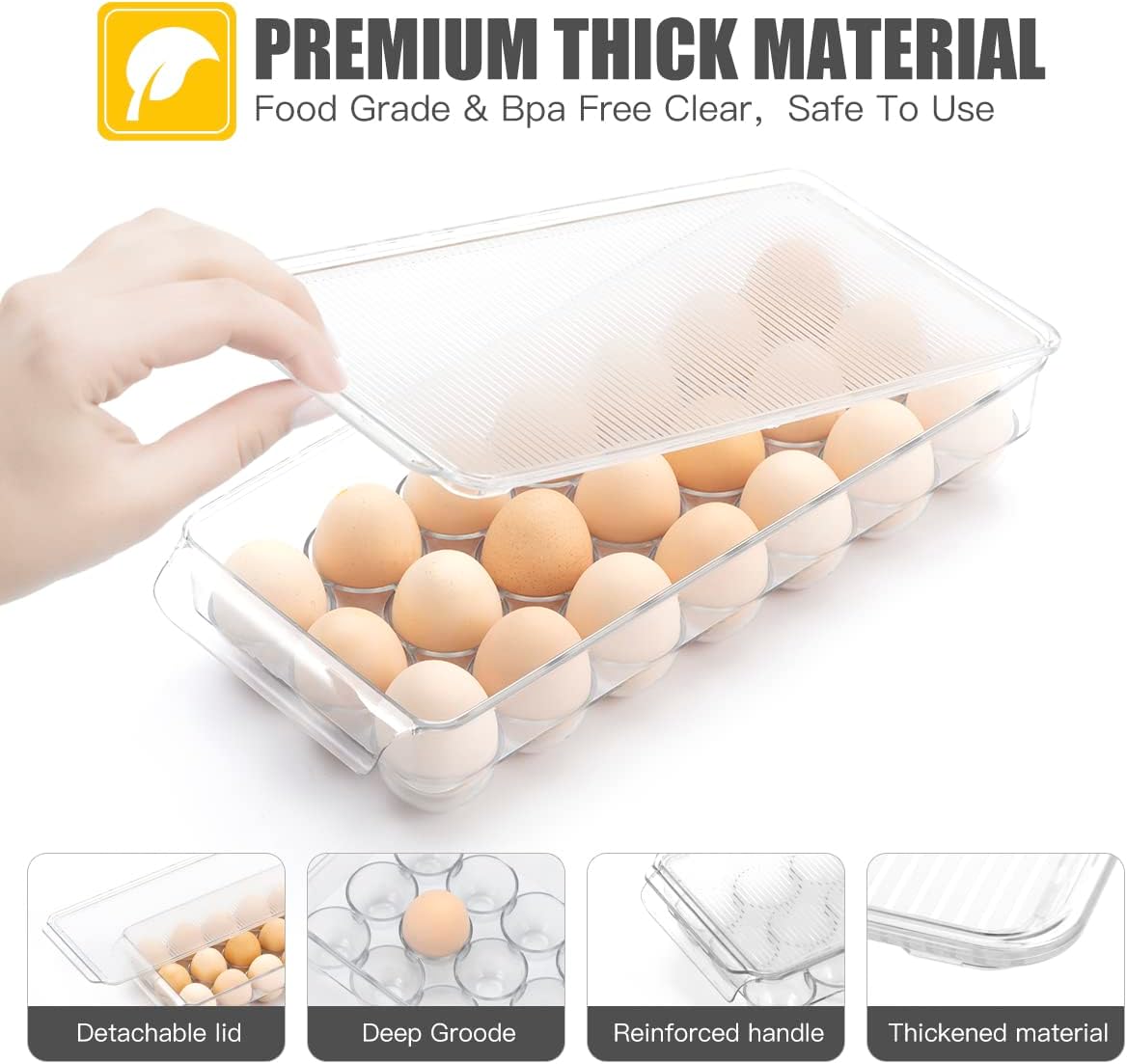 cutesun Egg Holder for Fridge, egg organizer for refrigerator, Egg Tray for Refrigerator with Lid, Plastic Container for Refrigerator Bins Holds 21 Eggs (1 Pack, 21)