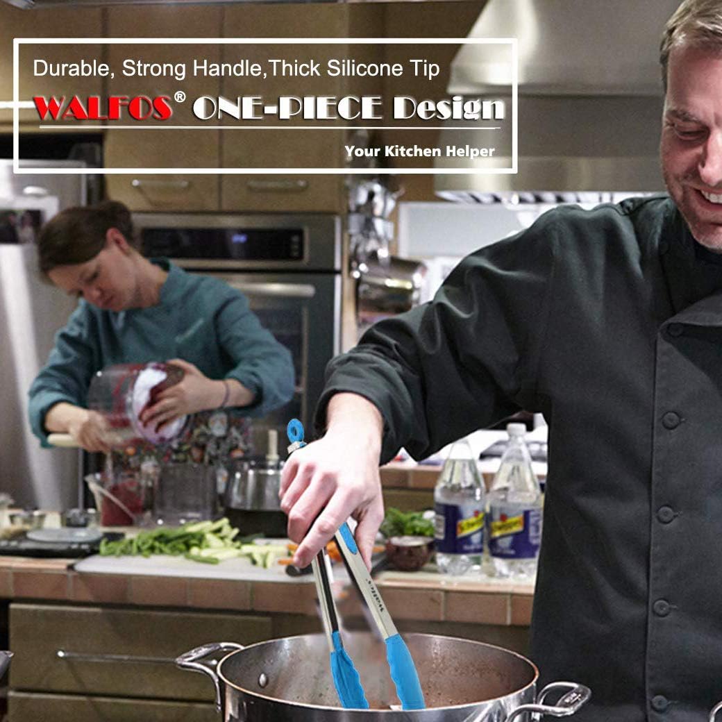 Walfos Kitchen Tongs - 7" 9" and 12" Heat Resistant Food tongs, Thickened Stainless Steel and BPA Free Silicone Tips, Great for Cooking, Grilling, Turning, Dishwasher safe(3 blue silicone tongs)