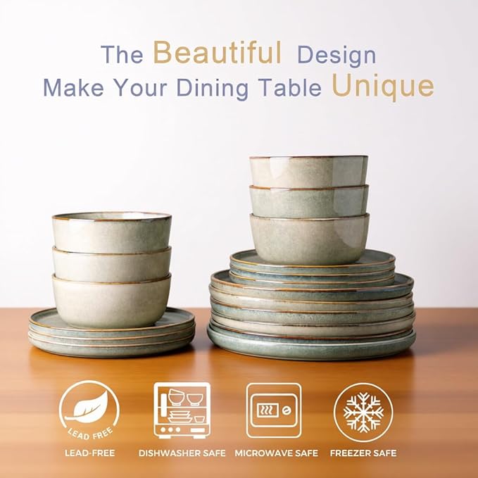 AmorArc Stoneware Dinnerware Sets for 4,Round Reactive Glaze Ceramics Plates and Bowls Set,Highly Scratch Resistant Dishware | Dishwasher & Microwave Safe Dishes Set,Service for 4 (12pc)