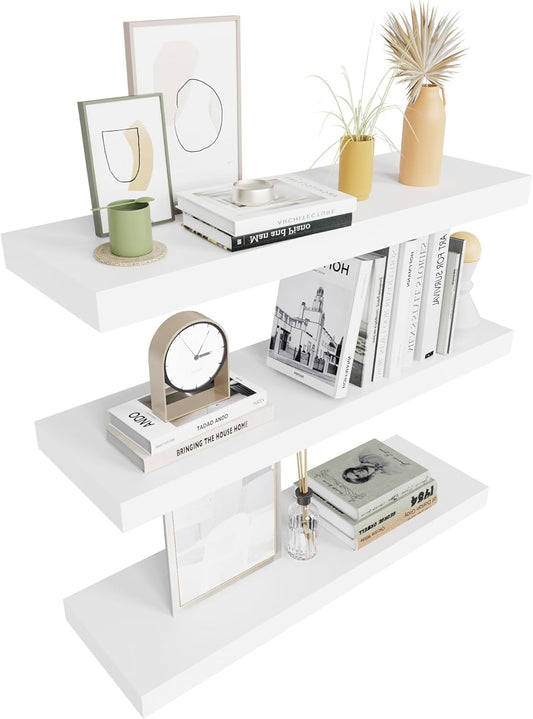 Colima Floating Shelves for Wall White Wood Wall Shelf for Bedroom, 24 Inch Wall Mounted Floating Shelves for Bathroom Living Room Kitchen Office, 1.3" Thick Floating Book Shelves for Wall, Set of 3