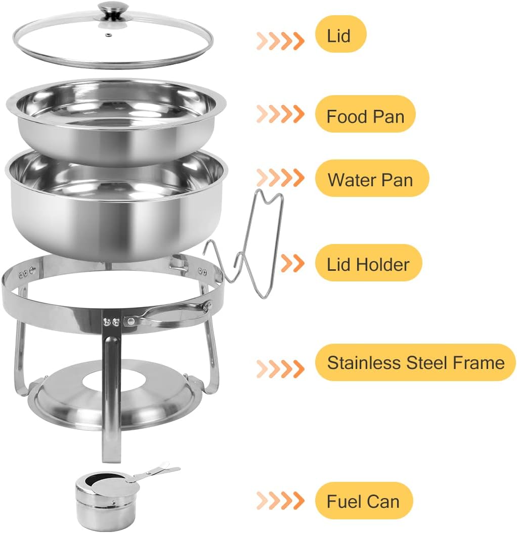 6 Packs Round Chafing Dish Buffet Set, 4 QT Stainless Steel Chafing Dishes with Glass Lid & Lid Holder, Catering Food Warmers for Parties Buffet Weddings Events